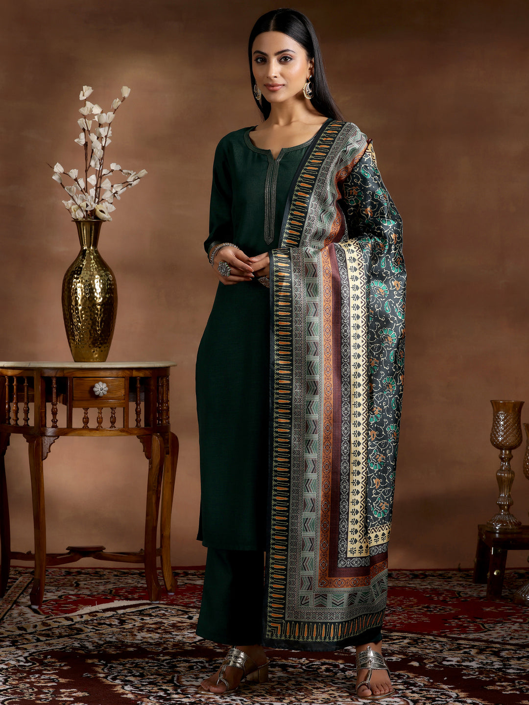 Green Solid Cotton Blend Straight Suit With Dupatta