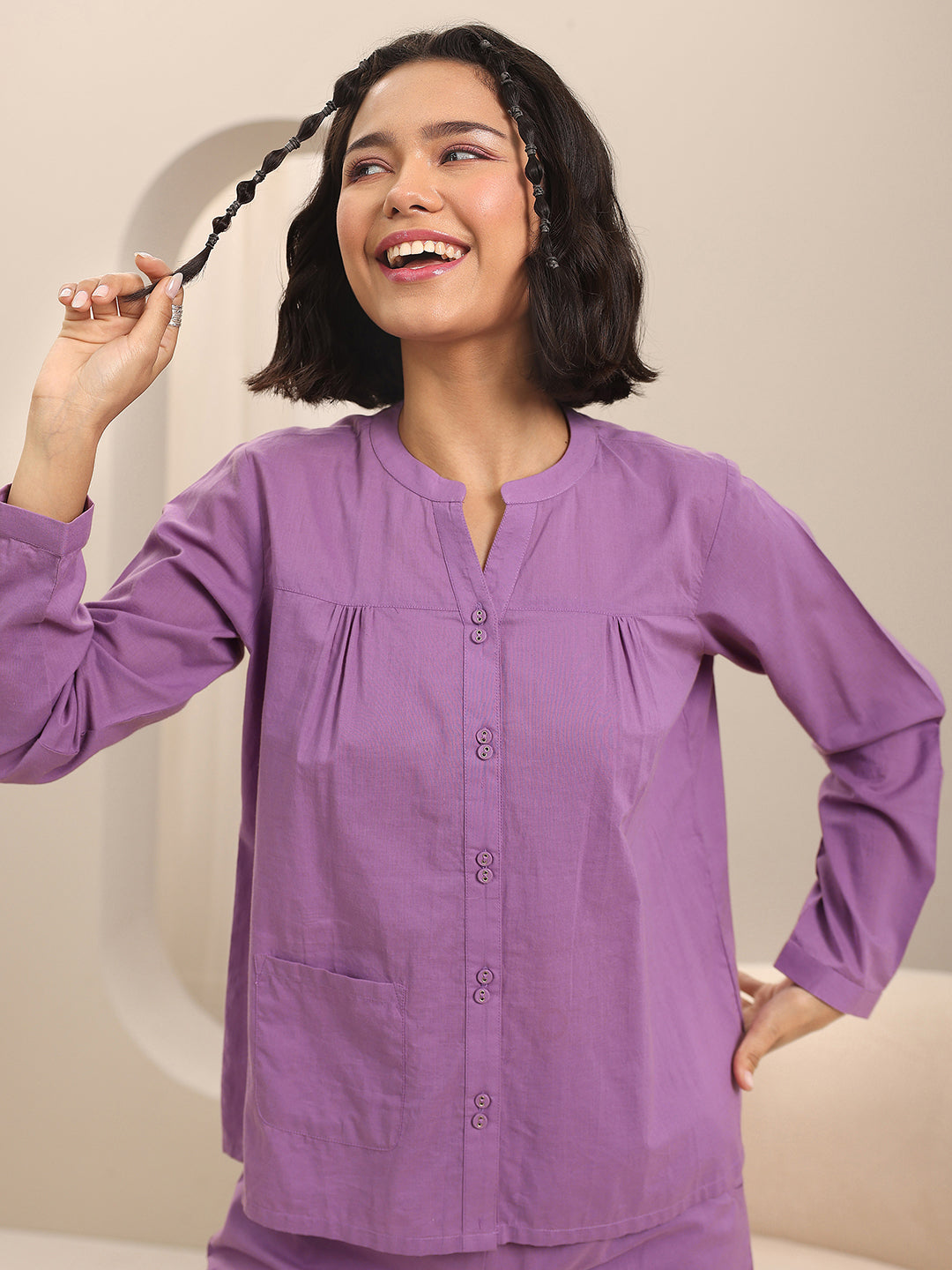 Purple Solid Cotton Night Suits