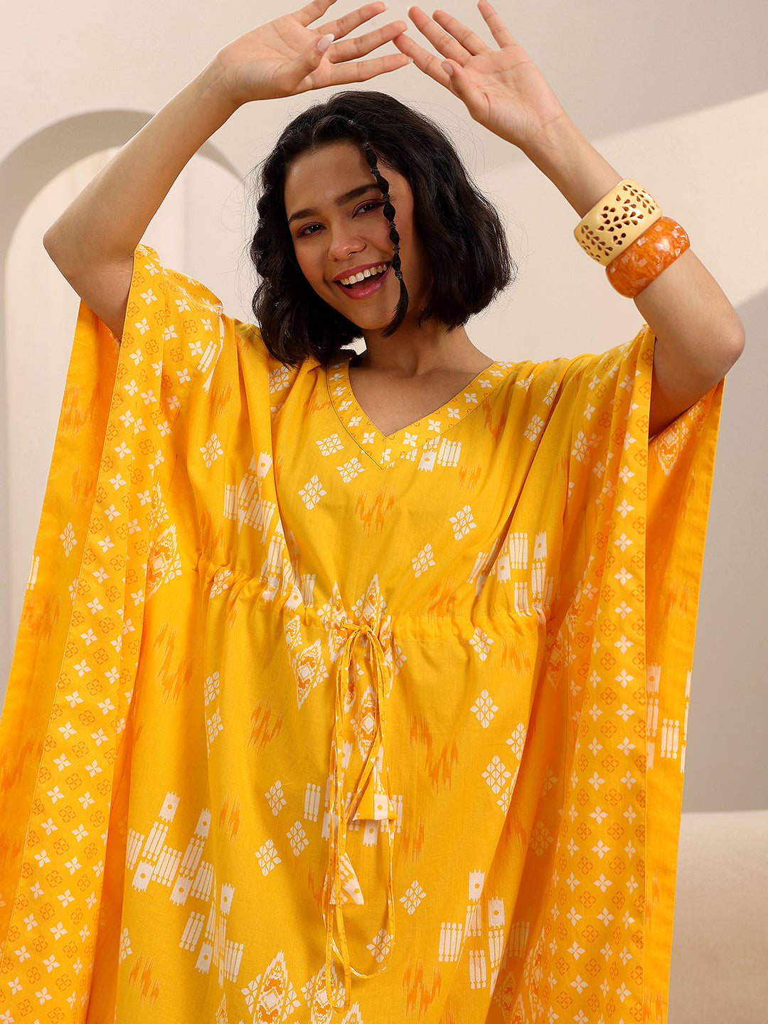 Yellow Printed Cotton Kaftan Night Dress