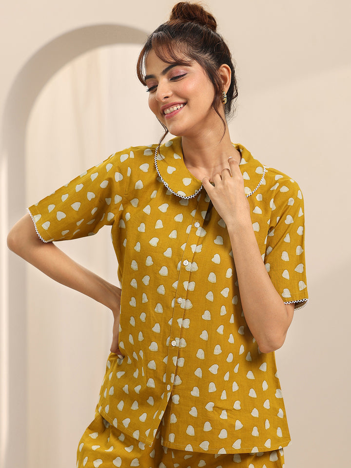 Mustard Printed Cotton Night Suits