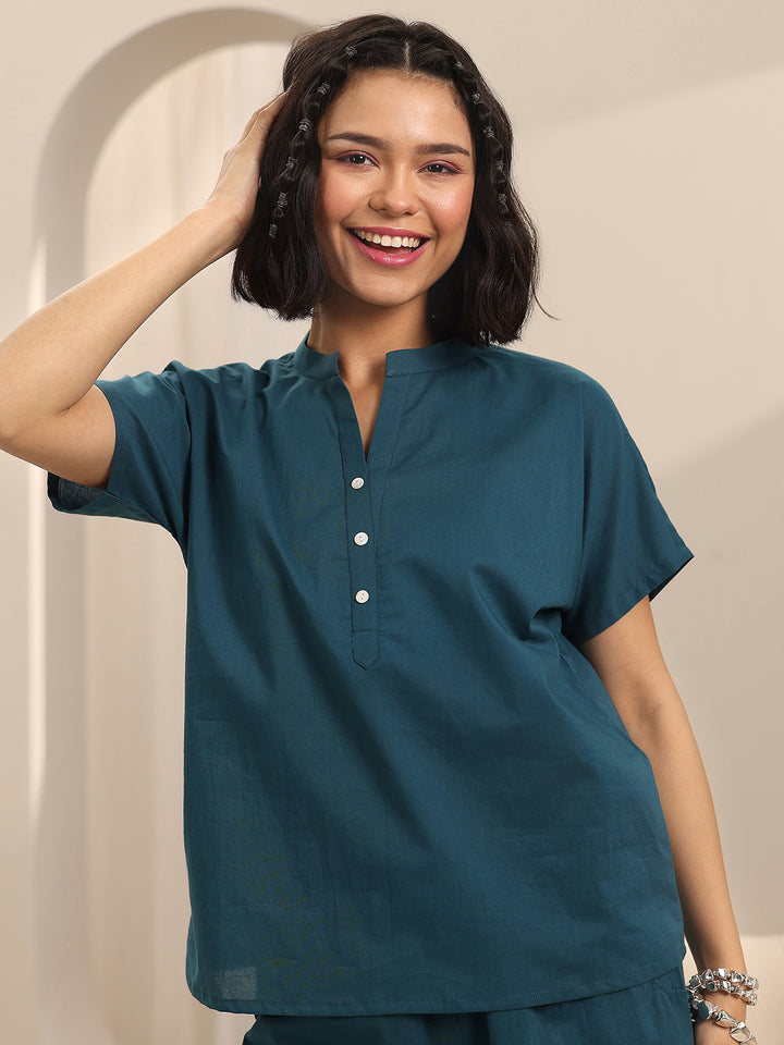 Teal Solid Cotton Night Suits