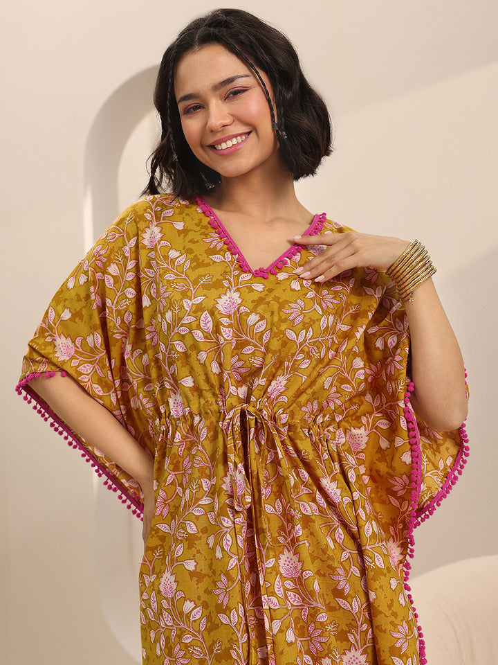 Mustard Printed Cotton Kaftan Night Dress