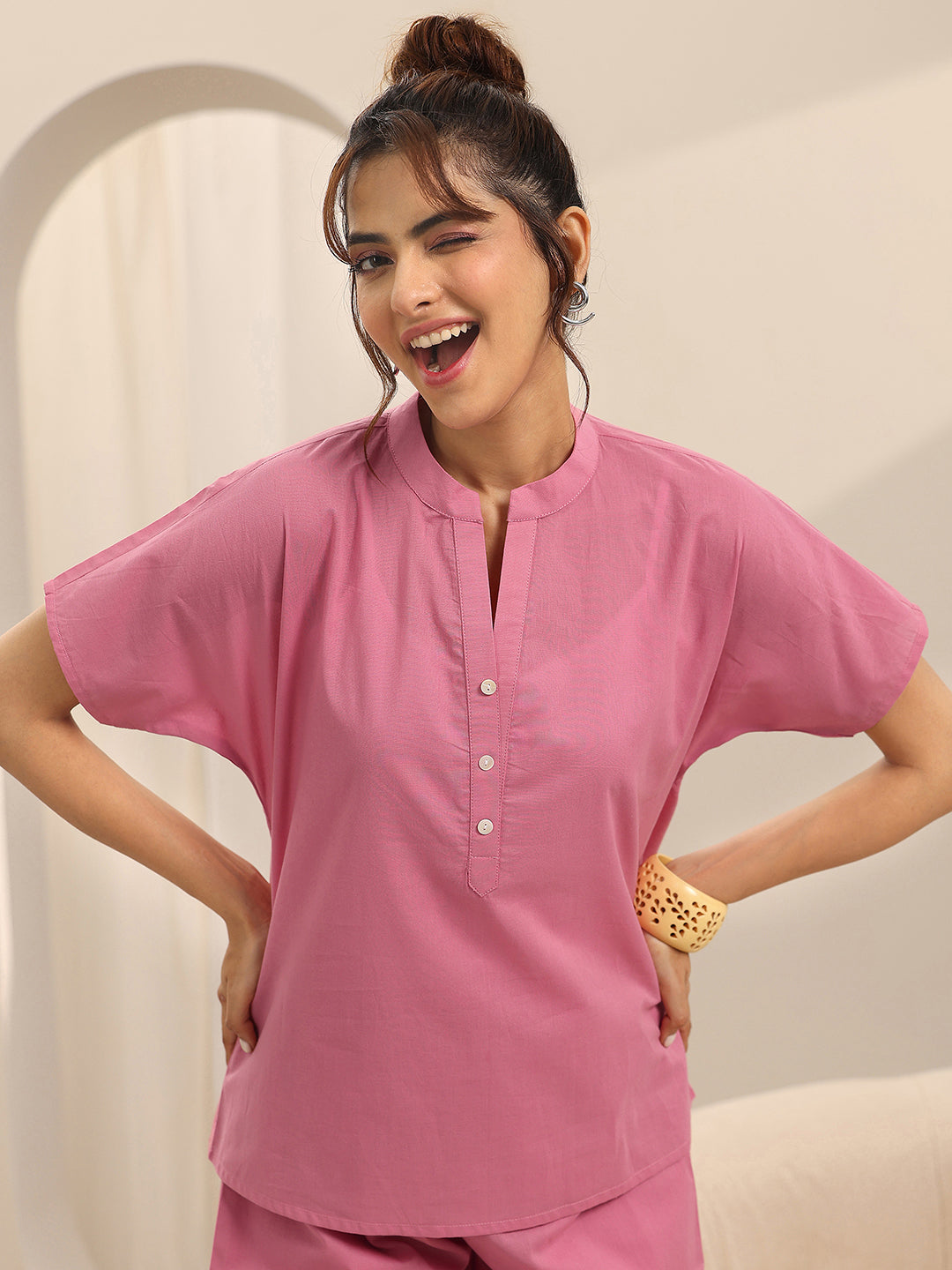 Pink Solid Cotton Night Suits