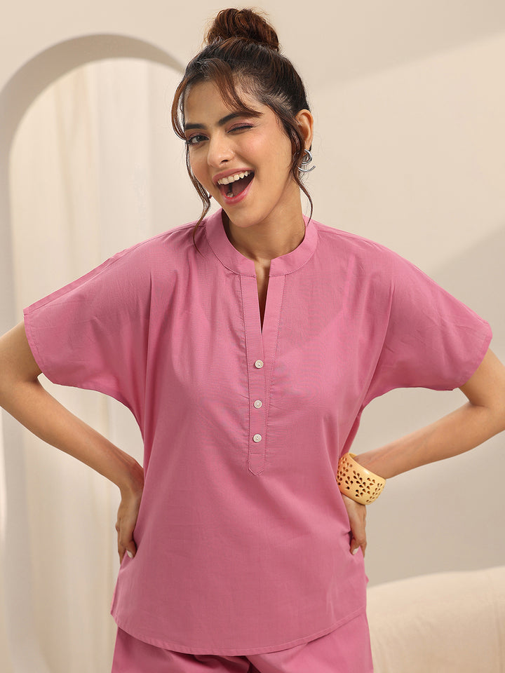 Pink Solid Cotton Night Suits