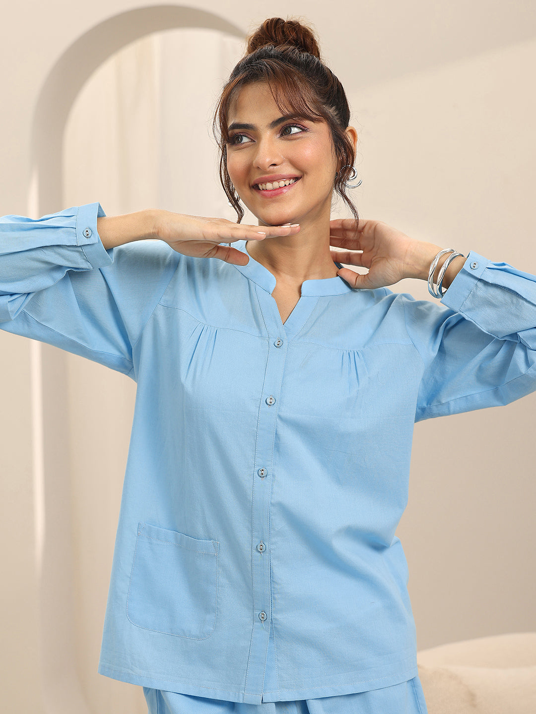 Blue Solid Cotton Night Suits