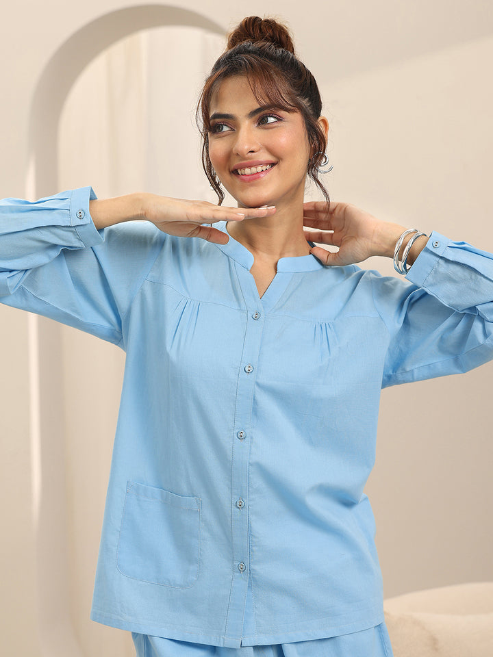 Blue Solid Cotton Night Suits