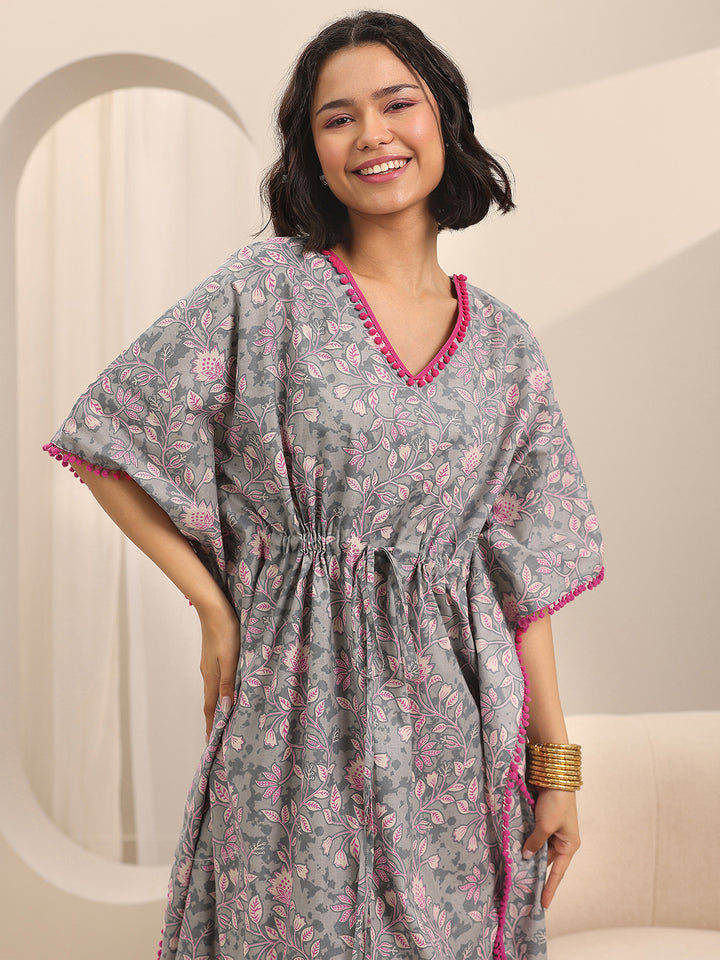 Grey Printed Cotton Kaftan Night Dress