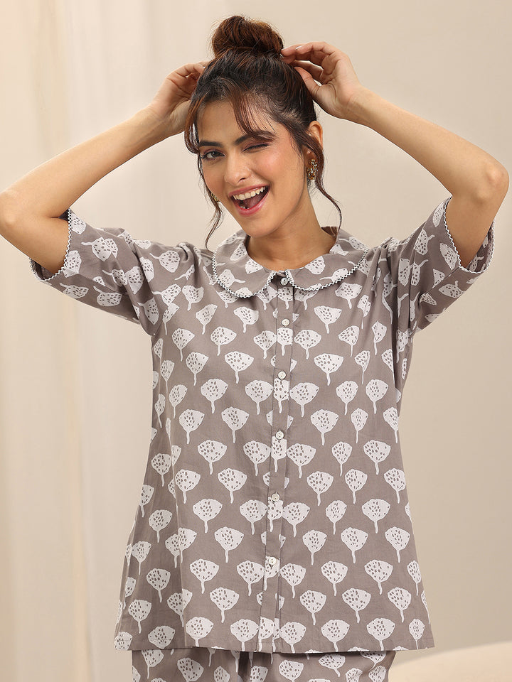 Grey Printed Cotton Night Suits