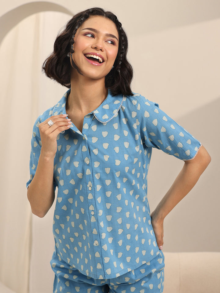 Blue Printed Cotton Night Suits