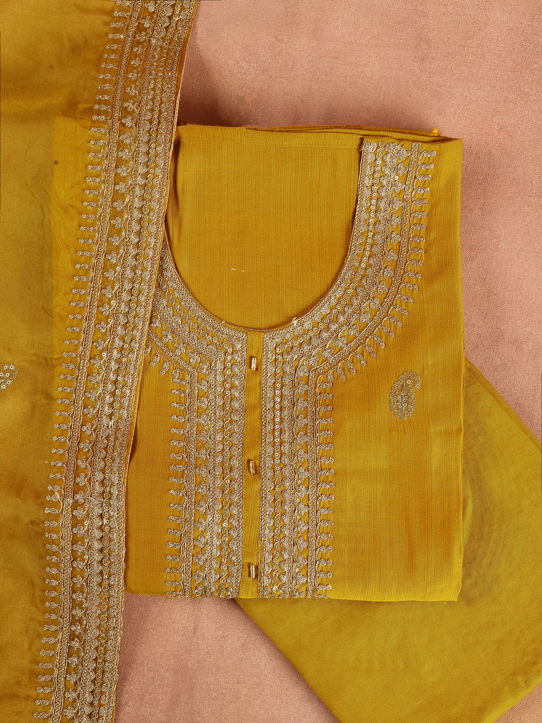 Mustard Embroidered Cotton Blend Dress Material With Dupatta