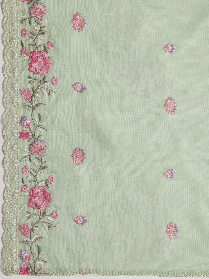 Green Embroidered Silk blend Dress Material With Dupatta