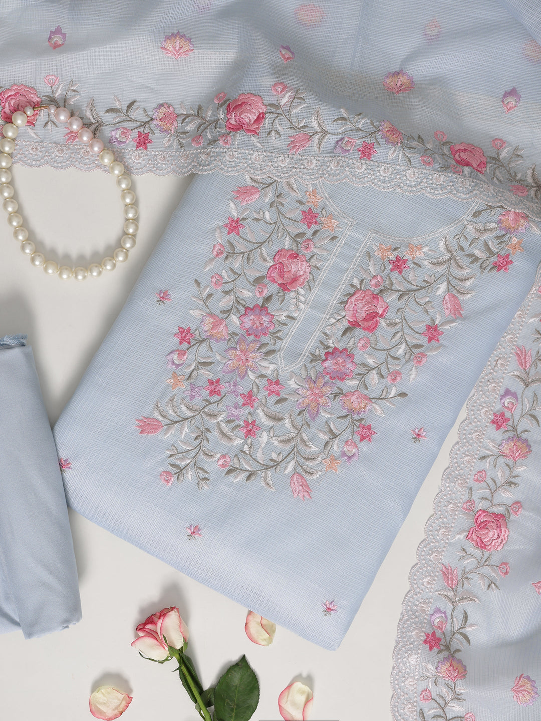 Blue Embroidered Silk blend Dress Material With Dupatta