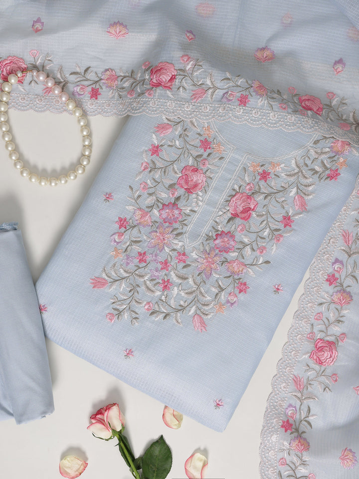 Blue Embroidered Silk blend Dress Material With Dupatta