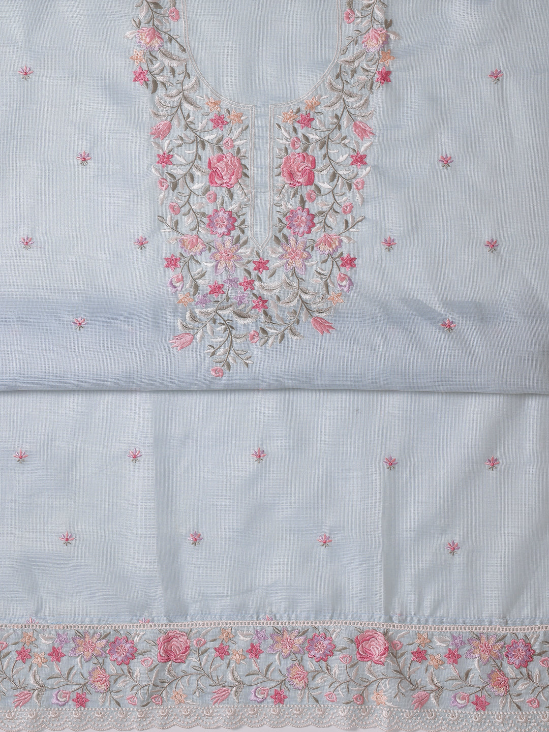 Blue Embroidered Silk blend Dress Material With Dupatta