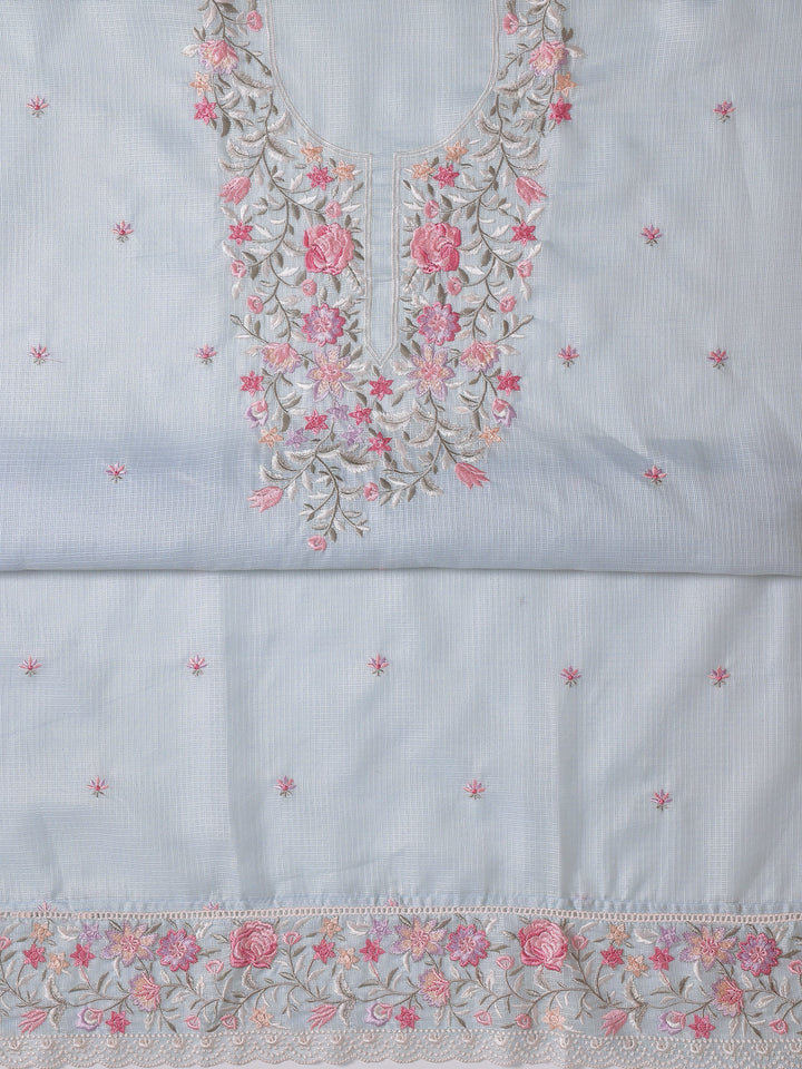 Blue Embroidered Silk blend Dress Material With Dupatta