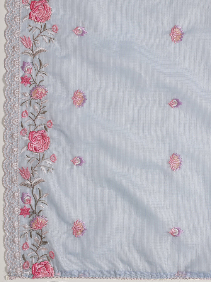 Blue Embroidered Silk blend Dress Material With Dupatta