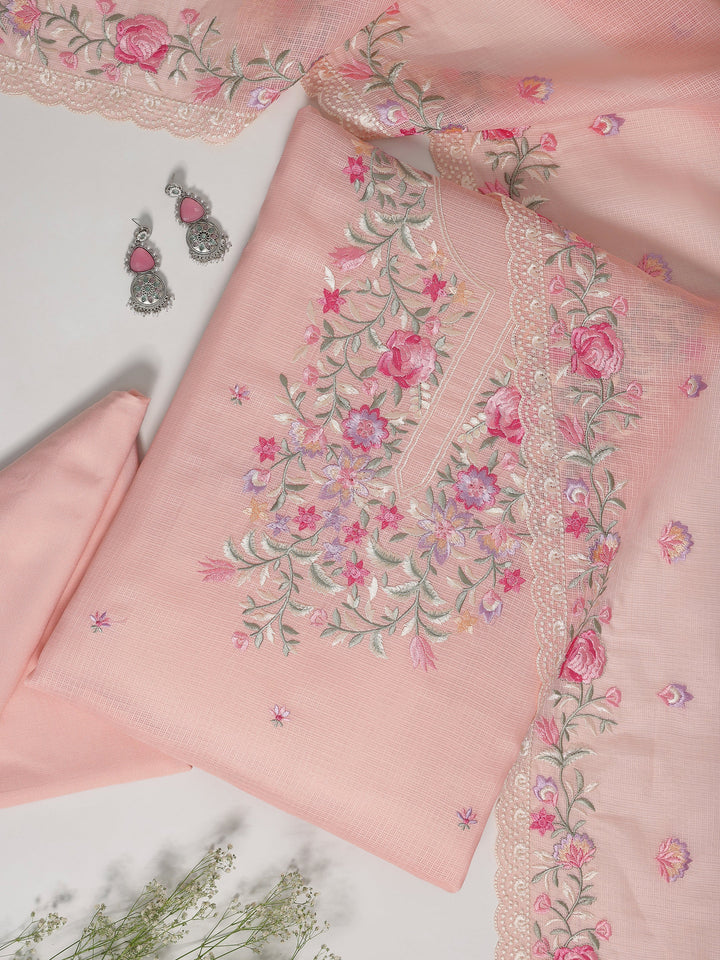 Peach Embroidered Silk blend Dress Material With Dupatta