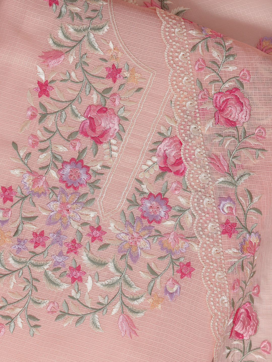 Peach Embroidered Silk blend Dress Material With Dupatta