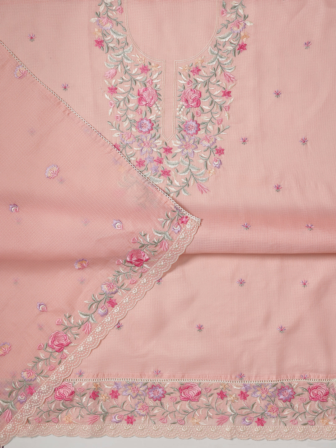 Peach Embroidered Silk blend Dress Material With Dupatta