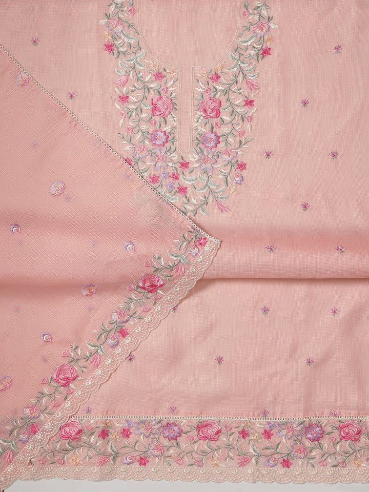 Peach Embroidered Silk blend Dress Material With Dupatta