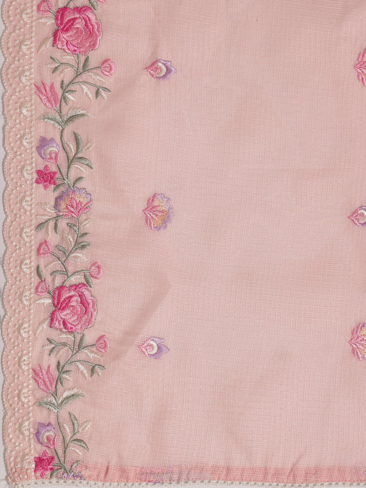 Peach Embroidered Silk blend Dress Material With Dupatta