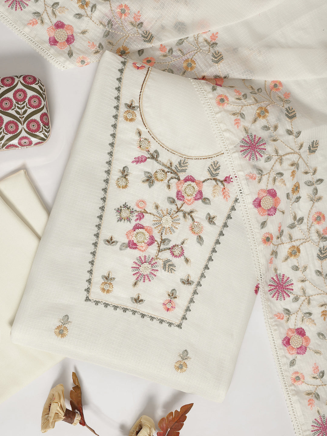 White Embroidered Silk blend Dress Material With Dupatta