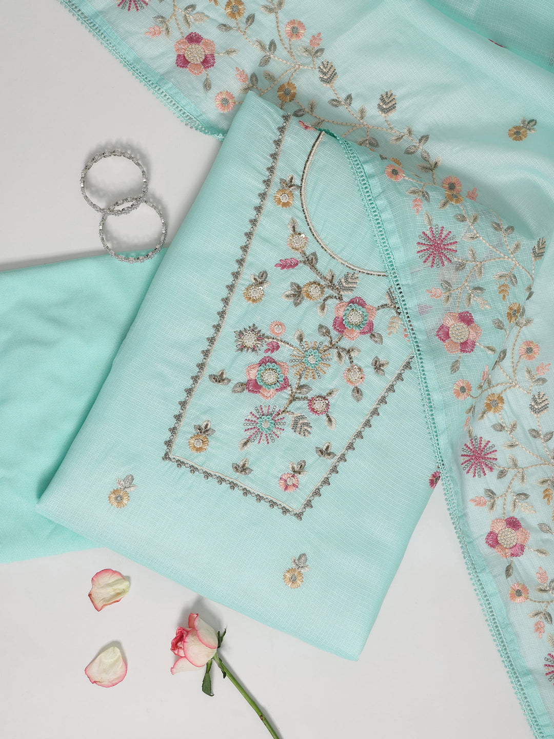 Blue Embroidered Silk blend Dress Material With Dupatta