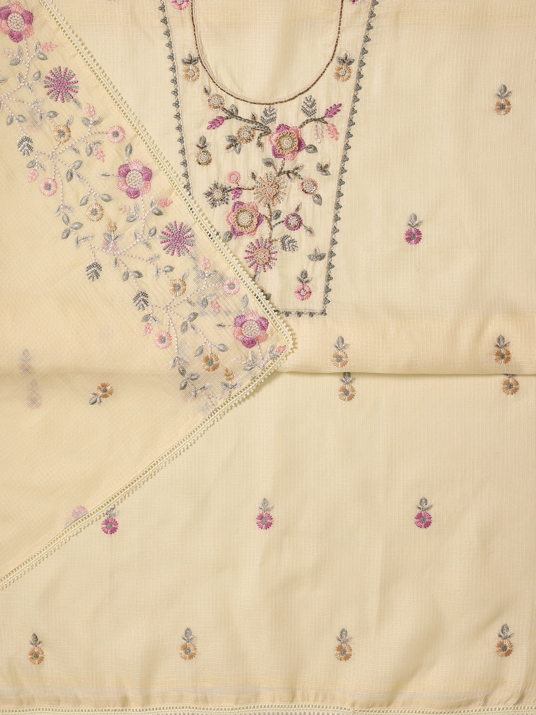Yellow Embroidered Silk blend Dress Material With Dupatta
