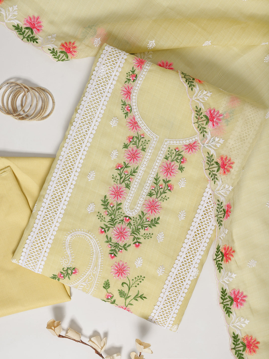 Yellow Embroidered Silk blend Dress Material With Dupatta
