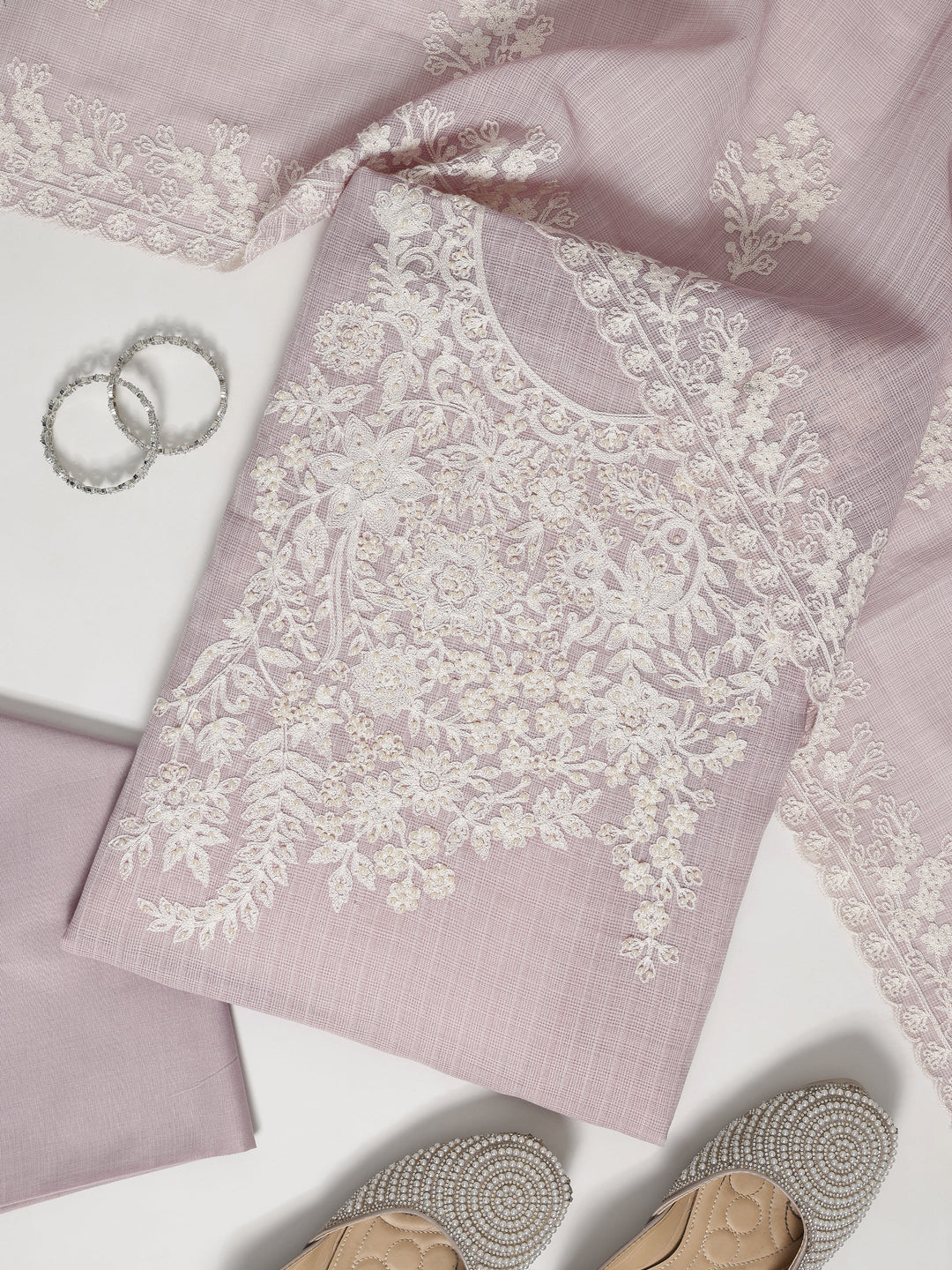 Mauve Embroidered Silk blend Dress Material With Dupatta