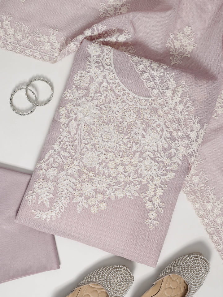 Mauve Embroidered Silk blend Dress Material With Dupatta