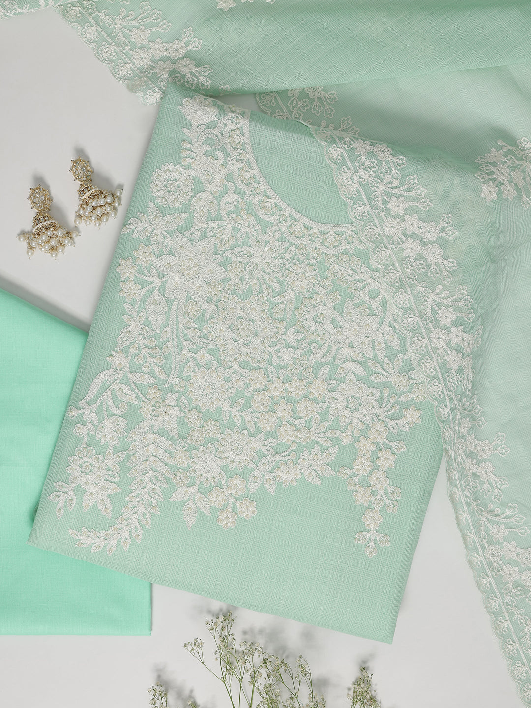 Green Embroidered Silk blend Dress Material With Dupatta