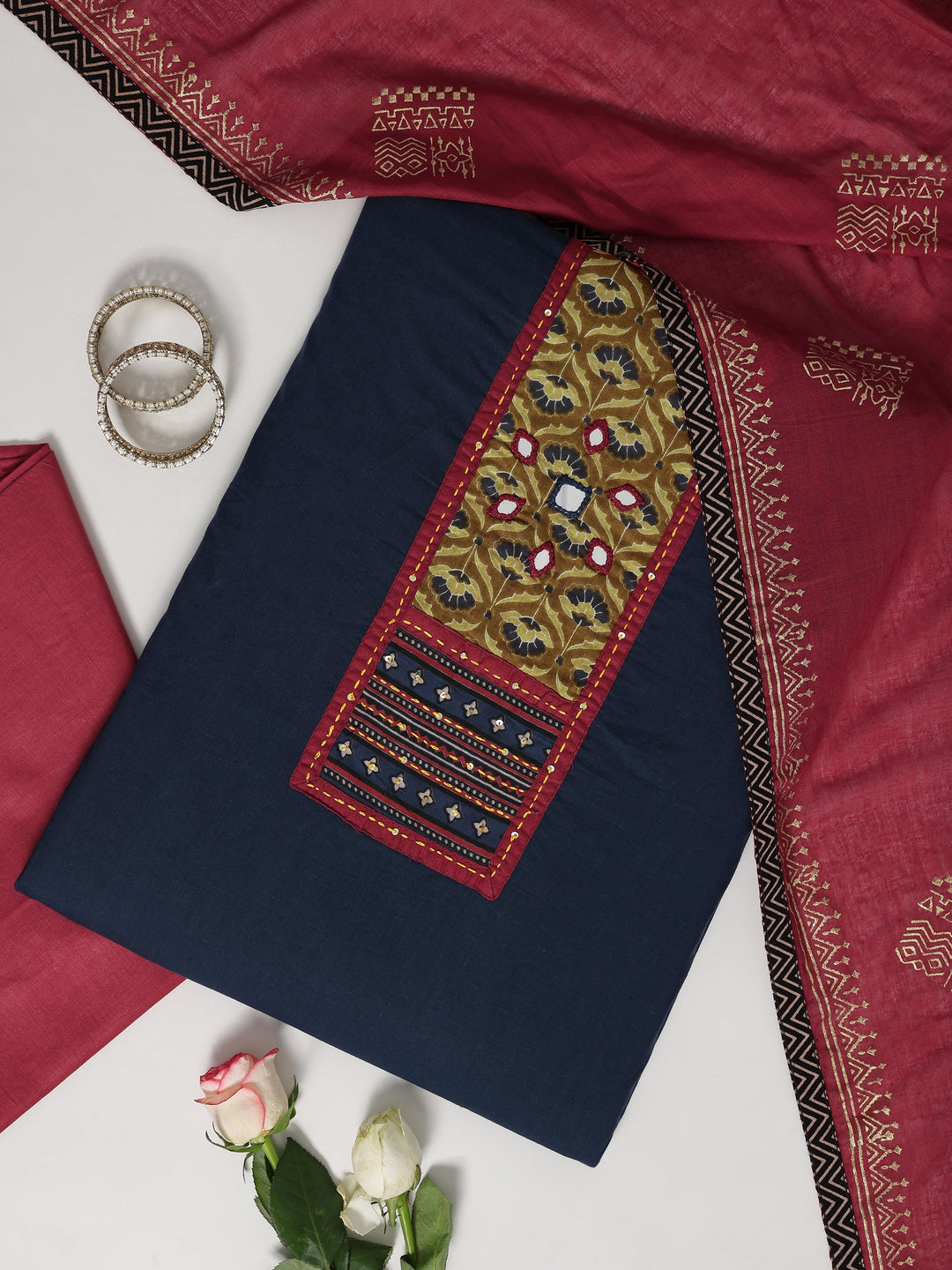 Navy blue Embellished Cotton Blend Dress Material With Dupatta