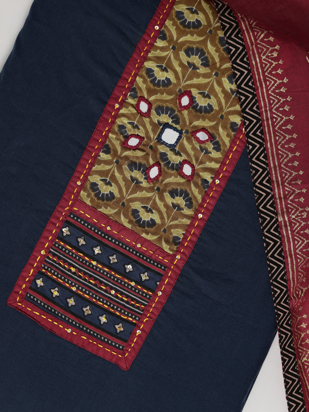 Navy blue Embellished Cotton Blend Dress Material With Dupatta