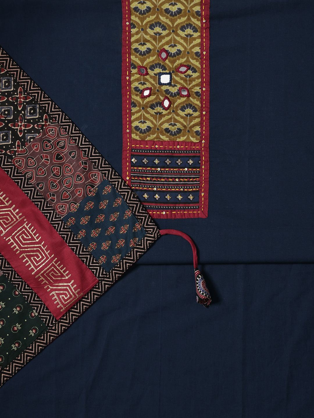 Navy blue Embellished Cotton Blend Dress Material With Dupatta