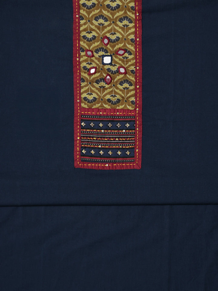 Navy blue Embellished Cotton Blend Dress Material With Dupatta