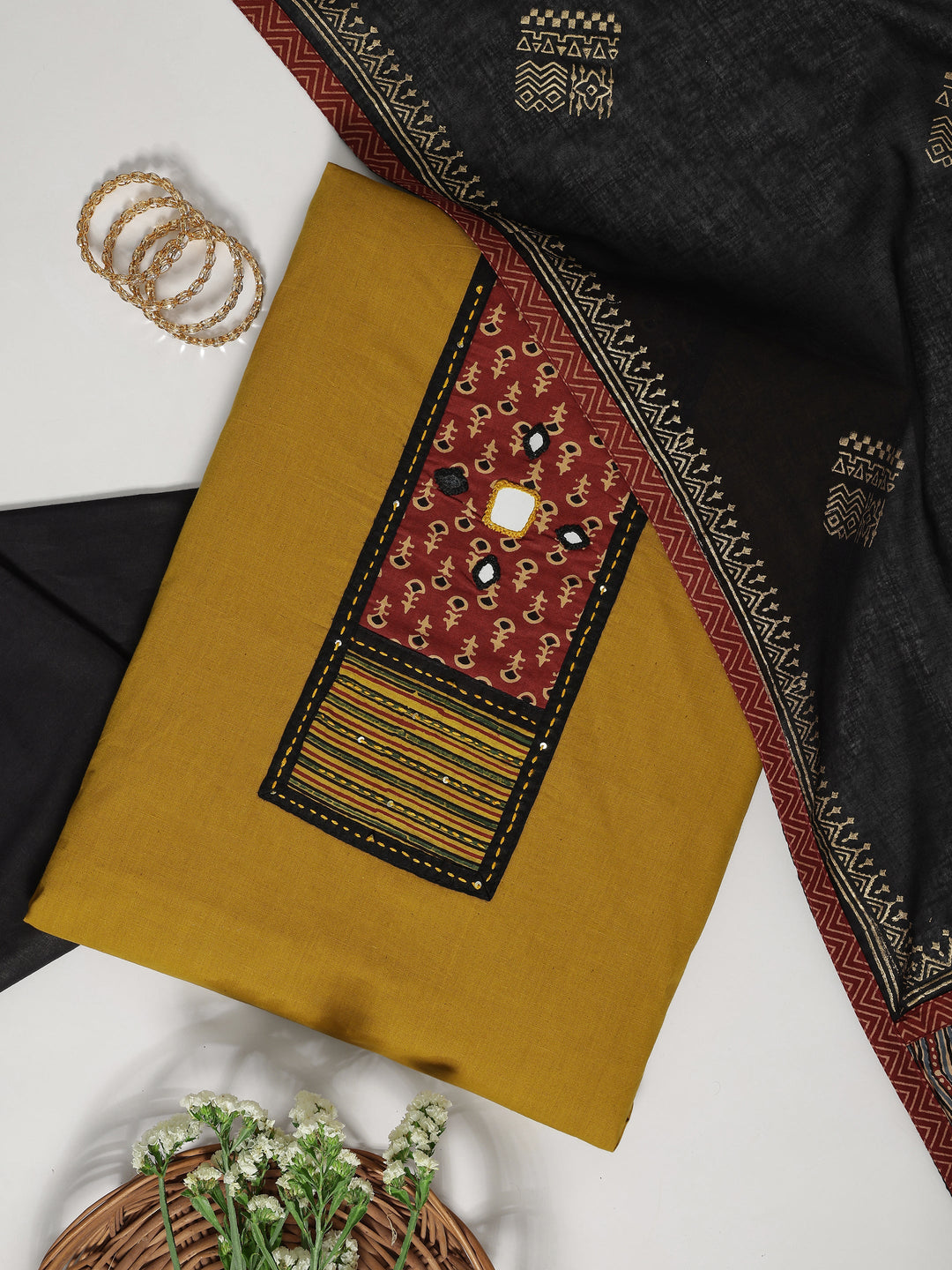 Mustard Embellished Cotton Blend Dress Material With Dupatta