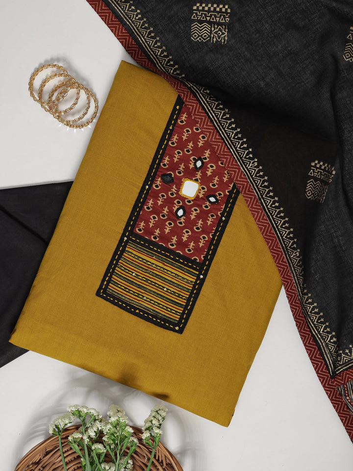 Mustard Embellished Cotton Blend Dress Material With Dupatta
