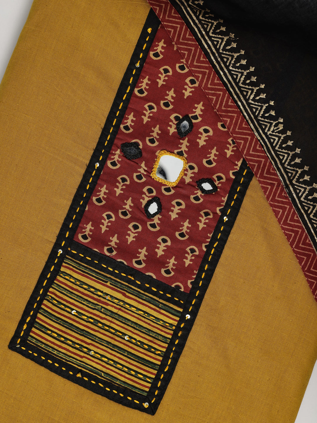 Mustard Embellished Cotton Blend Dress Material With Dupatta