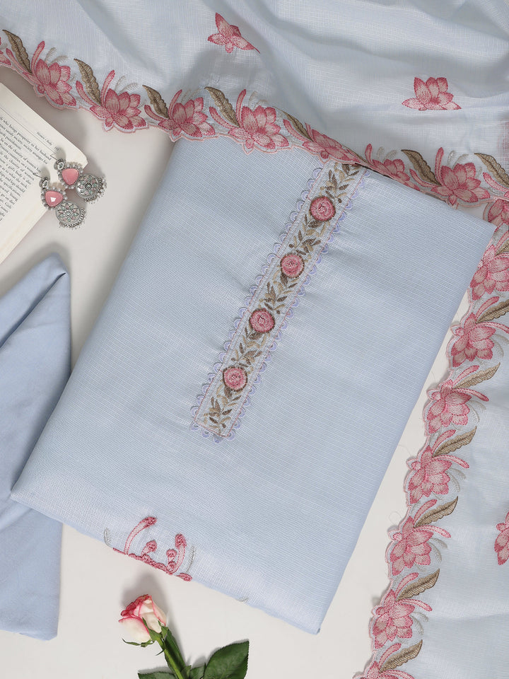 Blue Embroidered Silk blend Dress Material With Dupatta