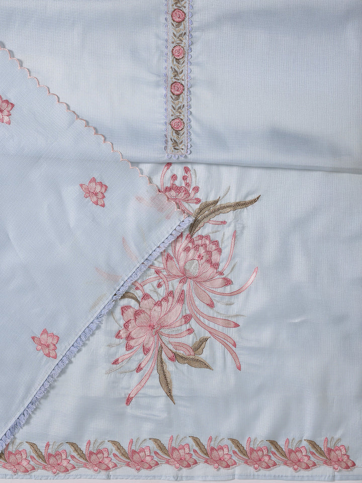 Blue Embroidered Silk blend Dress Material With Dupatta