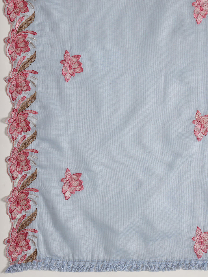 Blue Embroidered Silk blend Dress Material With Dupatta