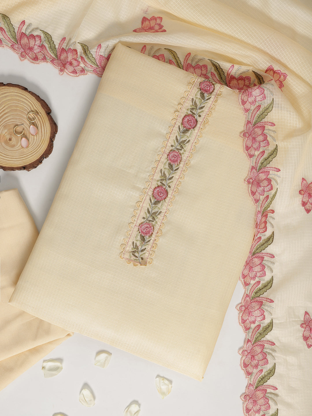 Yellow Embroidered Silk blend Dress Material With Dupatta