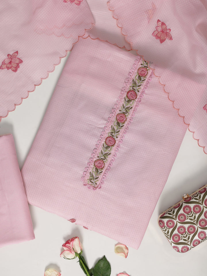 Pink Embroidered Silk blend Dress Material With Dupatta