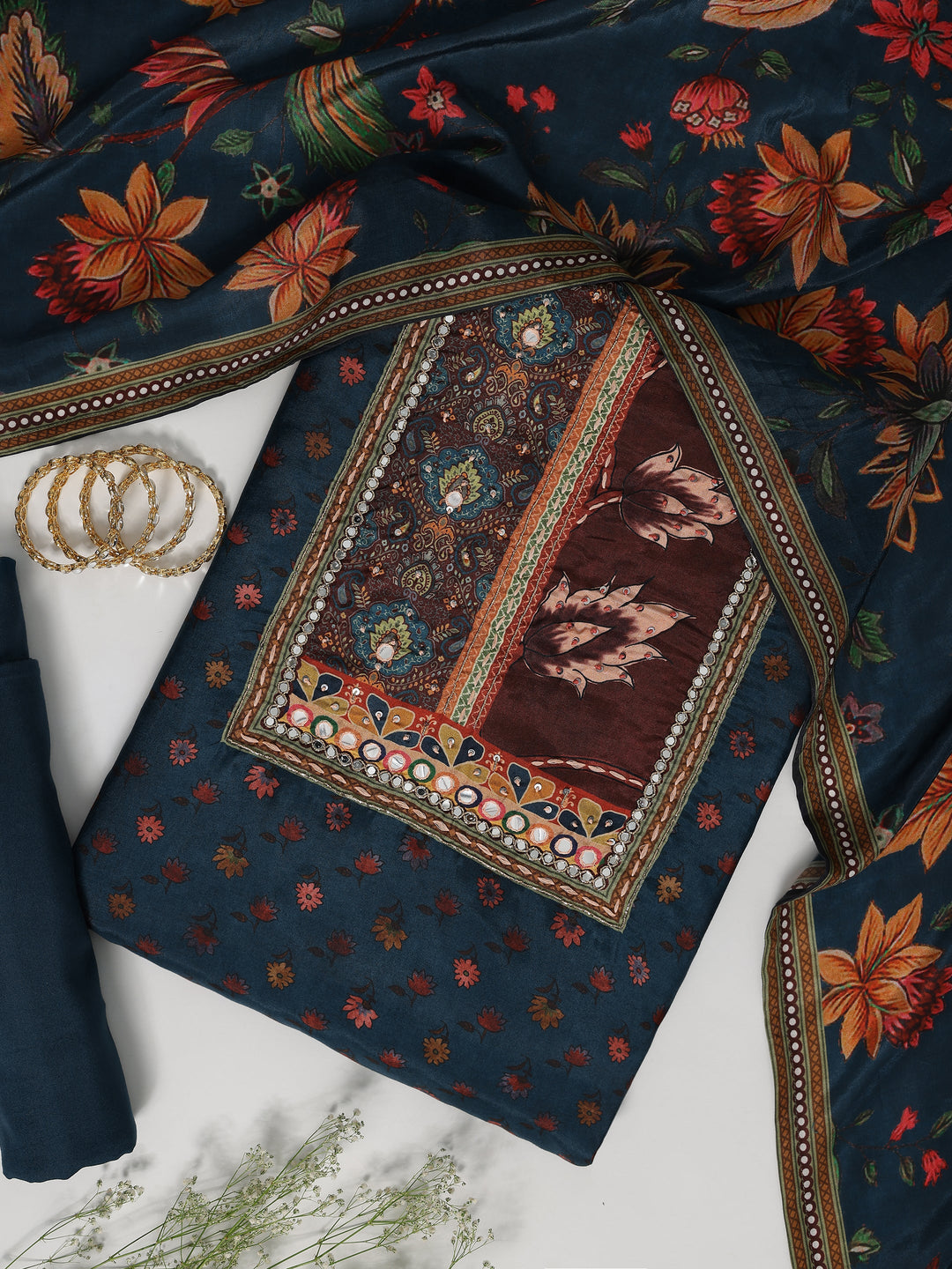 Navy blue Printed Muslin Dress Material With Dupatta