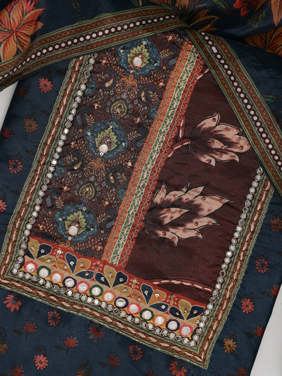 Navy blue Printed Muslin Dress Material With Dupatta