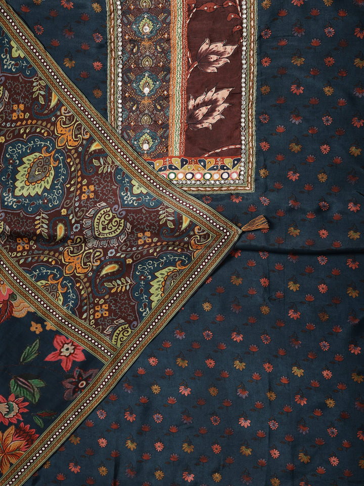 Navy blue Printed Muslin Dress Material With Dupatta