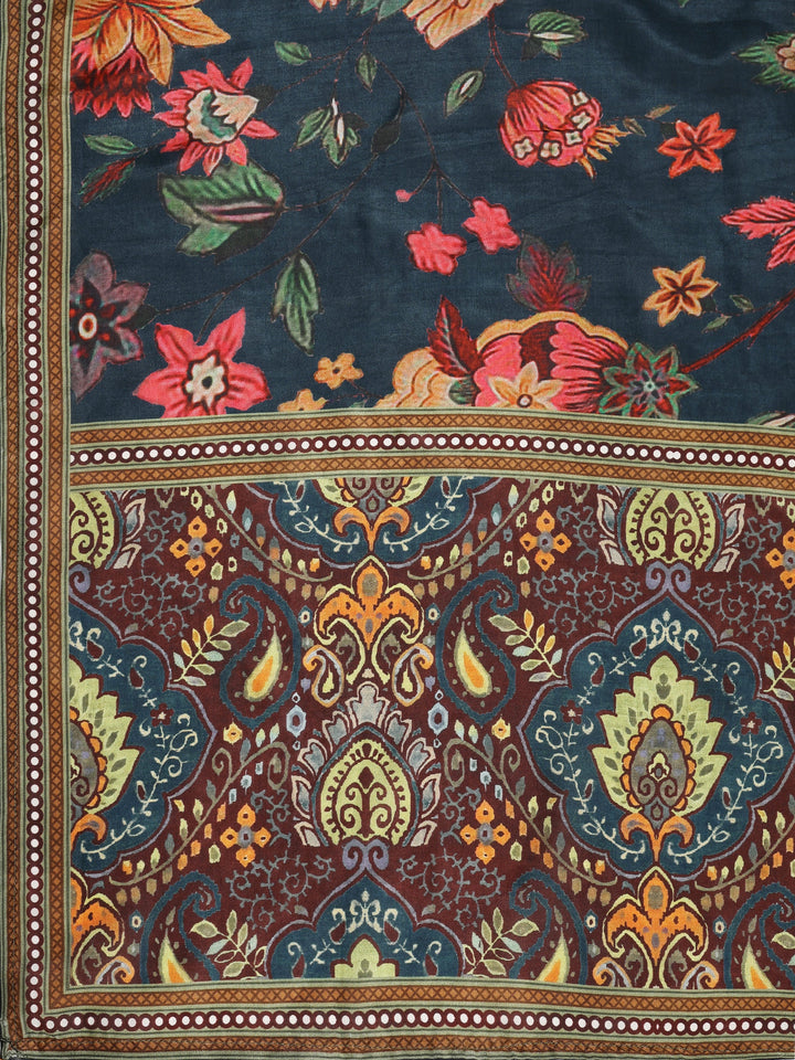 Navy blue Printed Muslin Dress Material With Dupatta