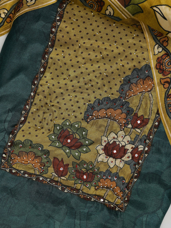 Teal Printed Muslin Dress Material With Dupatta