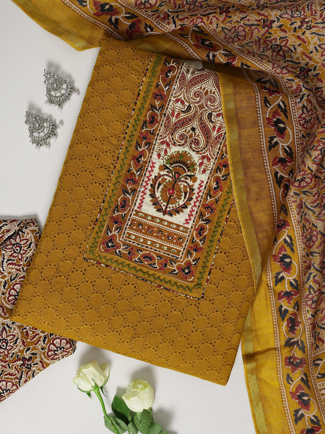 Mustard Printed Cotton Dress Material With Dupatta
